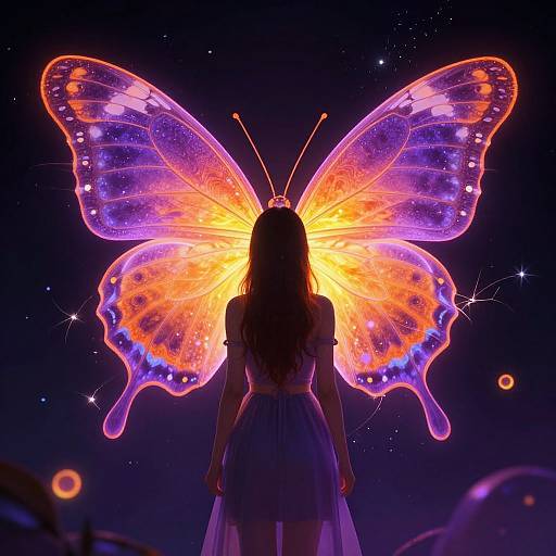 Digital illustration of a woman with long hair wearing a white dress, facing a glowing, neon-orange and purple butterfly with illuminated wings in a starry night