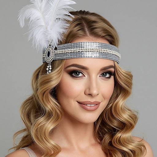 Photograph of a blonde woman with curled hair, wearing a silver headband adorned with a white feather, and subtle makeup, smiling against a gray background
