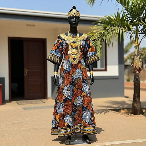 Photograph of a black mannequin wearing colorful, African-inspired traditional dress with orange, blue, and white patterns, adorned with gold jewelry, outdoors