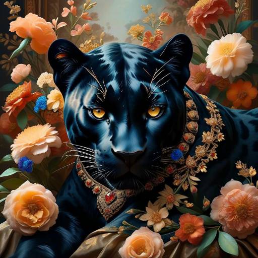 Regal Black Panther Among Blooming Flowers