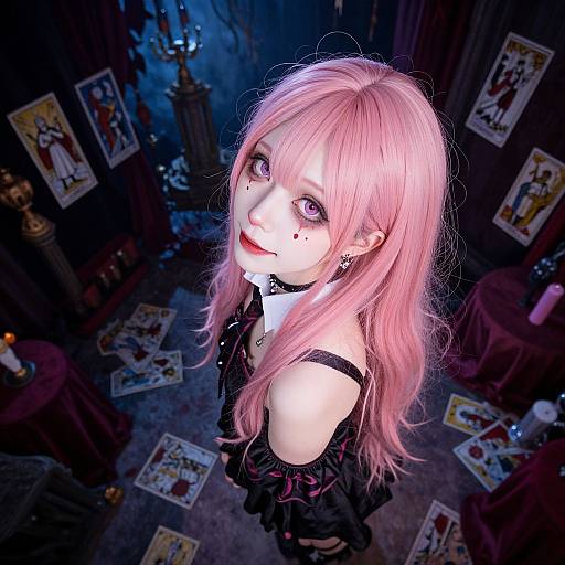 Digital artwork of a pale-skinned, pink-haired girl with purple eyes, black makeup, and gothic attire, standing in a dimly lit room