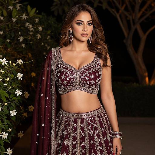 Photograph of a beautiful woman with long brown hair, wearing an intricately embroidered maroon lehenga choli with silver threadwork, standing in a