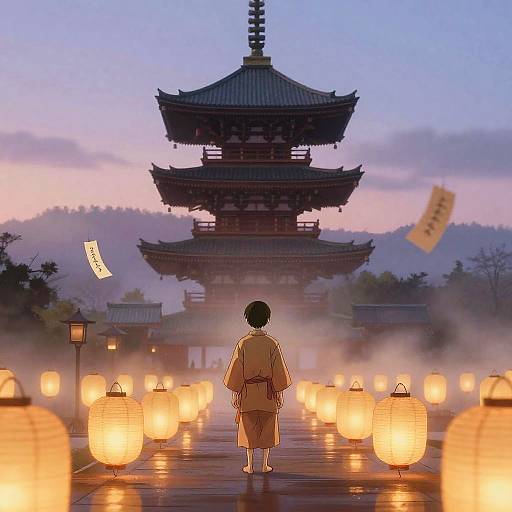 Novice Monk at Lantern-Lit Temple in Foggy Sunrise