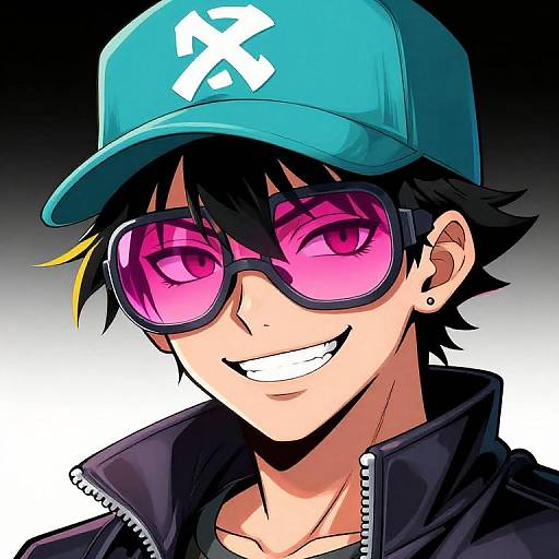 Digital anime-style portrait of a smiling young man with black hair, pink sunglasses, teal cap with white logo, black jacket.