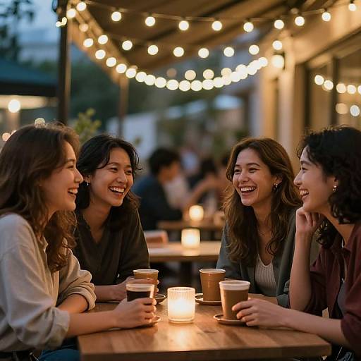 Photograph of four laughing Asian women with wavy hair, wearing casual clothes, sitting at a wooden table with lit candles and paper cups, under string