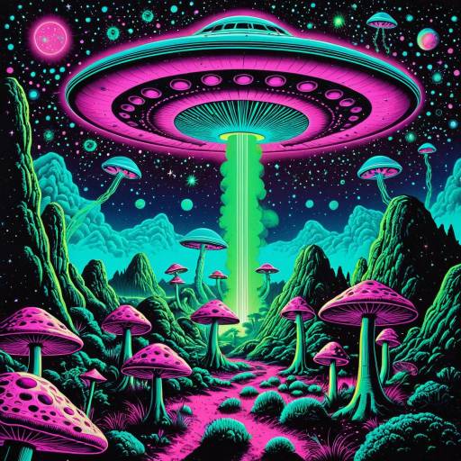 Vintage 70s Psychedelic Alien Landscape with UFO and Mushrooms Vintage 70s Psychedelic Alien Landscape with UFO and Mushrooms