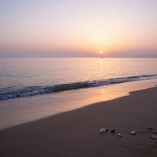 Photograph of a serene beach at sunset, with gentle waves, a reflective orange and pink sky, and small pebbles on the sandy shore.