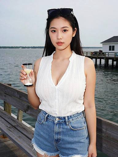 Photograph of an East Asian woman with long black hair, wearing a white sleeveless blouse and blue denim shorts, holding a glass of iced tea