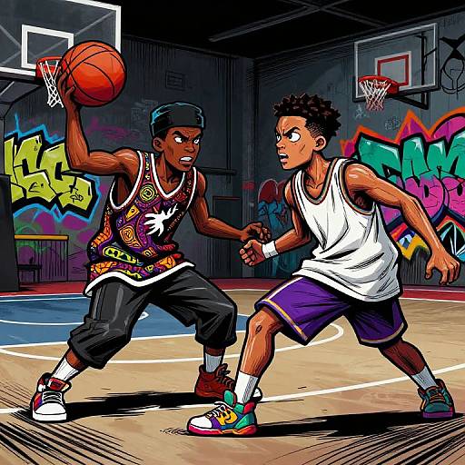 Digital illustration of two African-American teenage boys playing basketball in a graffiti-covered gym, one dribbling the ball, the other defending.