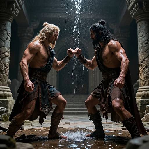 Photorealistic CGI image of two muscular, shirtless, ancient warriors with blonde and black hair, clashing fists under water, in a dimly