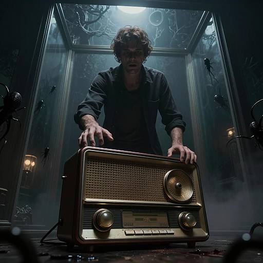 Terrified Man with Vintage Radio in Dark Horror Room