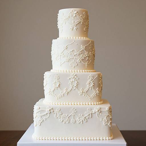 Photograph of a four-tier white wedding cake with intricate floral sugar decorations and bead-like border accents, set against a plain gray background.