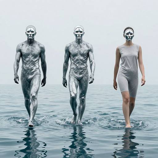 Photographic surrealism: Three figures—two male, one female—wearing metallic, silver body paint, walking barefoot in reflective water; woman