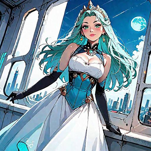 Digital anime-style illustration of a fair-skinned woman with long teal hair, wearing a white gown, black gloves, blue corset, and tiara