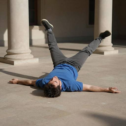 Man Falling on Sunlit Stone Floor