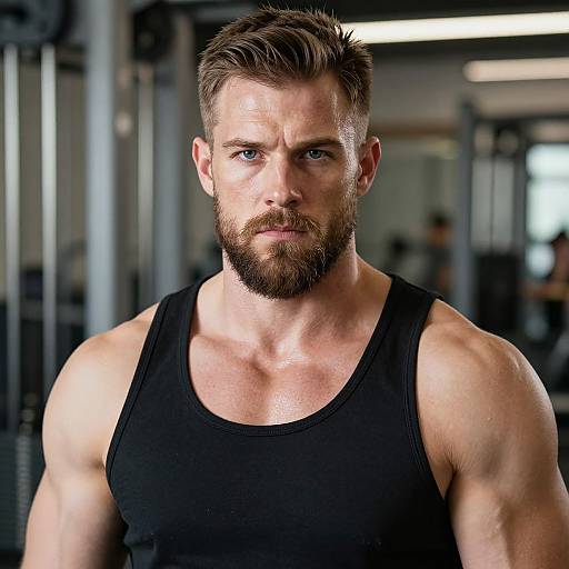 Photograph of a muscular, bearded man with blue eyes, short brown hair, wearing a black tank top, in a gym setting.