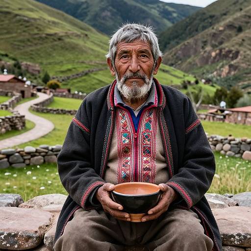 Photograph of an elderly man with gray hair and beard, wearing traditional Andean clothing, holding a bowl, seated against stone wall in lush, mountain