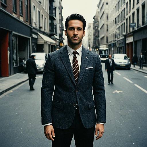 Photograph of a handsome, dark-haired man in a dark gray suit, white shirt, and striped tie, standing confidently on a city street with blurred
