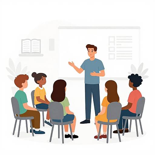 Illustration of a diverse group of six students seated in gray chairs, listening to a male teacher in a blue shirt and pants, standing and gesturing