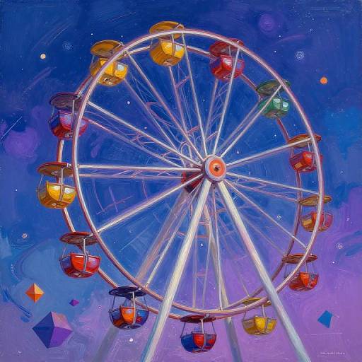 Vibrant digital painting of a Ferris wheel with colorful gondolas (red, yellow, green) against a cosmic blue and purple sky,