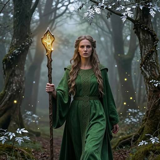 Fantasy photograph of a young woman with long, wavy brown hair, wearing a green, embroidered dress, holding a glowing staff in a misty