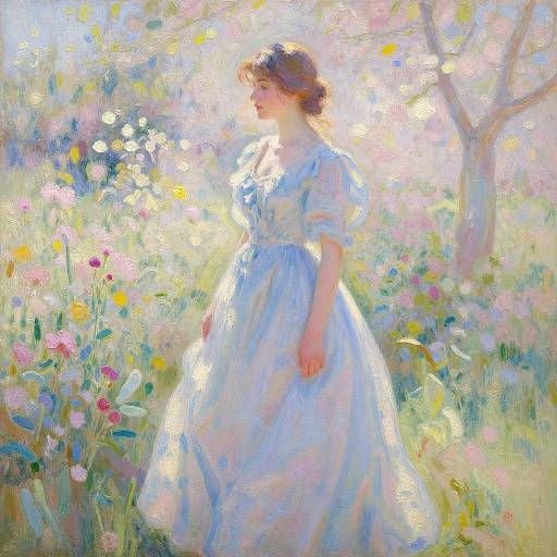 Impressionist-style painting of a fair-skinned woman in a light blue, Victorian dress standing in a sunlit, colorful flower meadow.