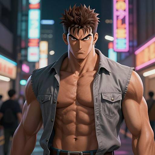 Muscular Anime Man on Neon City Street