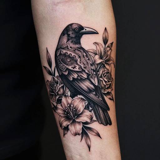 Intricate Crow Tattoo with Floral Accents