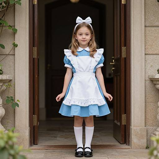Photograph of a young girl with light brown hair, wearing a blue and white Alice in Wonderland-style dress, white bow headband, white knee socks