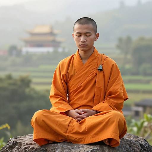 Photograph of a young male Buddhist monk with shaved head, sitting cross-legged on a rock in an orange robe, meditating outdoors with a misty