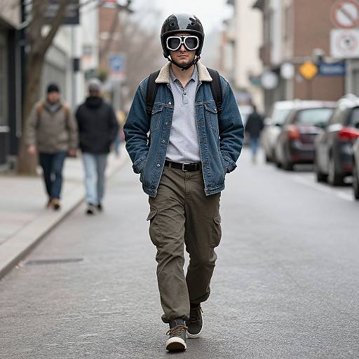 Photograph of a young man in a denim jacket, white shirt, brown pants, and black helmet with goggles, walking on a city street with blurred