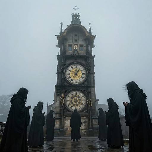 Photograph of a foggy, rainy scene with silhouetted robed figures surrounding a tall, ornate clock tower with two large, golden