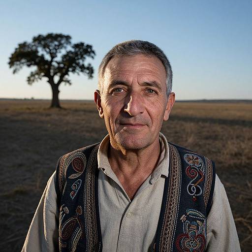 Photograph of an older man with short gray hair, wearing a patterned vest and beige shirt, standing in a sunlit, open field with a