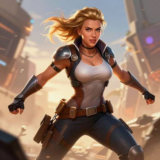 Digital artwork of a fierce, blonde, blue-eyed woman with a white tank top and black tactical gear, running through a sunlit, dusty, urban