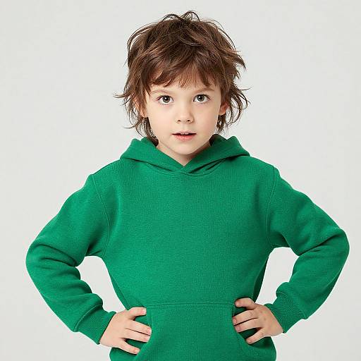 Photograph of a young boy with tousled brown hair, green hoodie, hands on hips, and white background, looking directly at the camera.