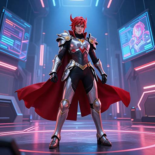 CGI image of a red-haired, armored superhero with a red cape standing confidently in a neon-lit, futuristic arena.