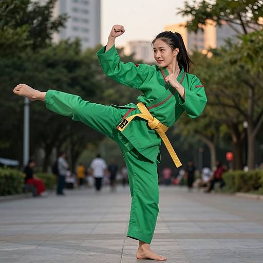 Photograph of an Asian woman in a green karate gi, yellow belt, performing a high kick in a park at sunset.