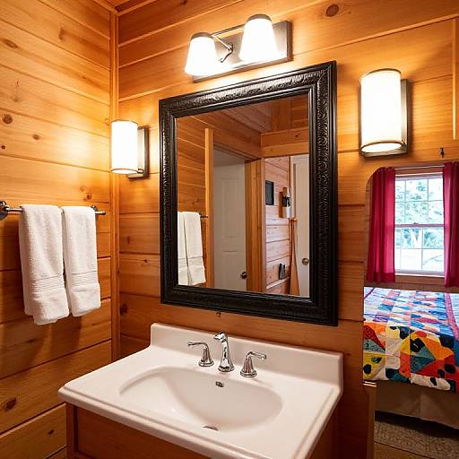 Photograph of a rustic wooden bathroom with a black-framed mirror, white sink, towel rack, wall sconces, colorful bedspread, and