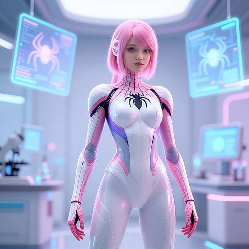 CGI image of a pink-haired woman in a white, spider-web patterned, form-fitting superhero suit, standing in a futuristic lab with neon