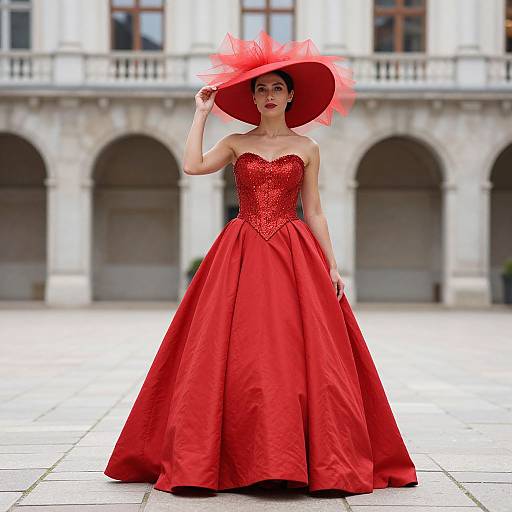 Photograph of a woman in a vibrant red, strapless gown with intricate beading, matching wide-brimmed hat, standing in an elegant courtyard