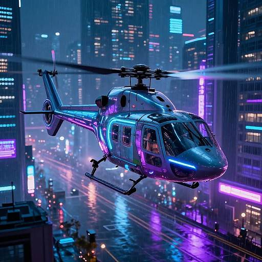 Neon-lit cyberpunk cityscape at night with a glowing blue-purple helicopter hovering above a colorful, illuminated street. Digital artwork.
