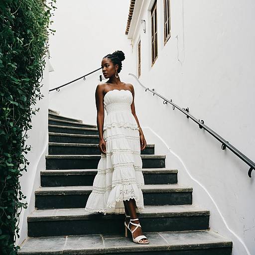 Elegant Woman in White Maxi Dress on Mediterranean Stairs