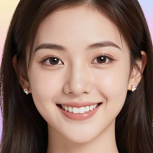 Close-up photograph of a smiling young Asian woman with long black hair, fair skin, brown eyes, wearing small diamond earrings, and light pink lipstick.
