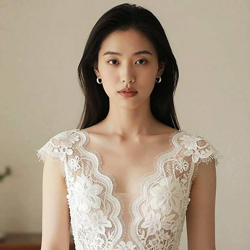Photograph of an Asian woman with long black hair, wearing a white lace, deep V-neck dress, standing against a plain beige background.