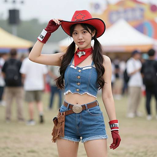 Photograph of an Asian woman in a red cowboy hat, denim crop top and shorts, red bandana, gloves, and brown belt with fringe,