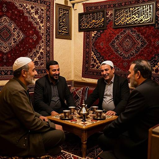 Photograph of four Middle Eastern men in dark suits and white caps playing chess in a warmly lit room with ornate red carpets and Arabic calligraphy on