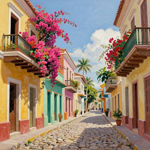 Colorful cobblestone street with vibrant yellow, green, pink buildings adorned with bright pink bougainvillea, wooden shutters, and green balcon