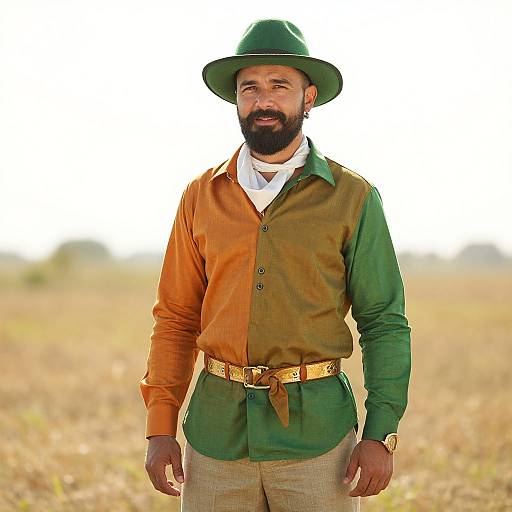 Photograph of a bearded man with olive skin, wearing a green hat, split-color shirt, green vest, and beige pants, standing in a