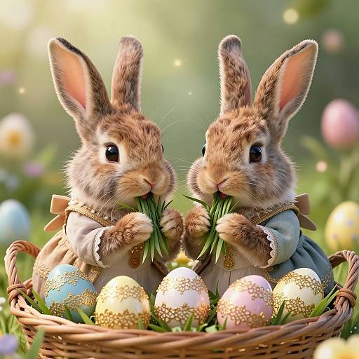 Photorealistic digital art: Two adorable, brown-furred baby rabbits in Victorian-style dresses, holding grass, sitting in a basket with colorful, glitter