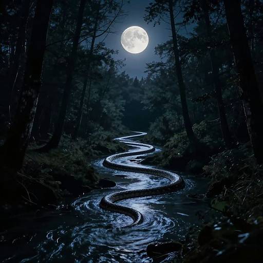 Photograph of a dark forest at night with a bright full moon above, illuminating a winding, glistening stream. Silhouetted trees frame